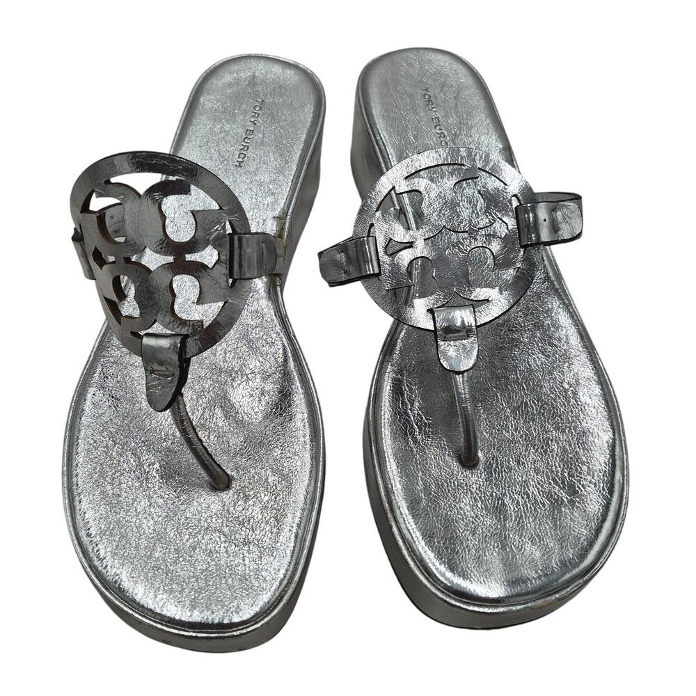 Tory Burch Miller Silver Metallic Leather Wedge Thong Sandals Women's size 9